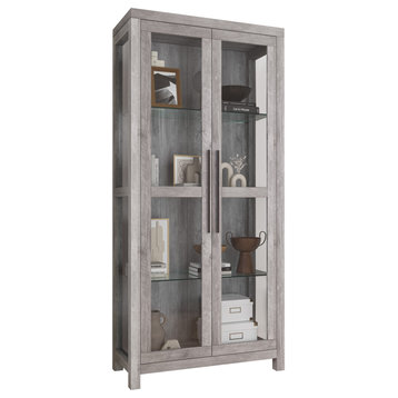 Curio Storage Cabinet with Tempered Glass Doors, Display Cabinet, Gray Wash