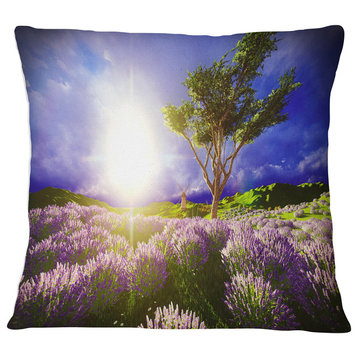 Lavender Field under Blue Sky Modern Landscape Printed Throw Pillow, 16"x16"