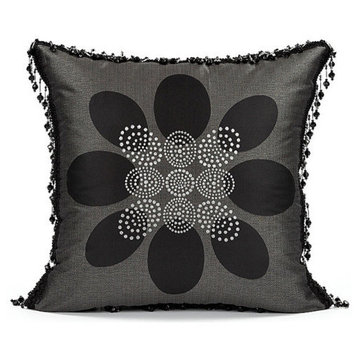 Jacquard Beaded Trim Throw Pillow Cover, Black, Charcoal Gray, 20"x20"