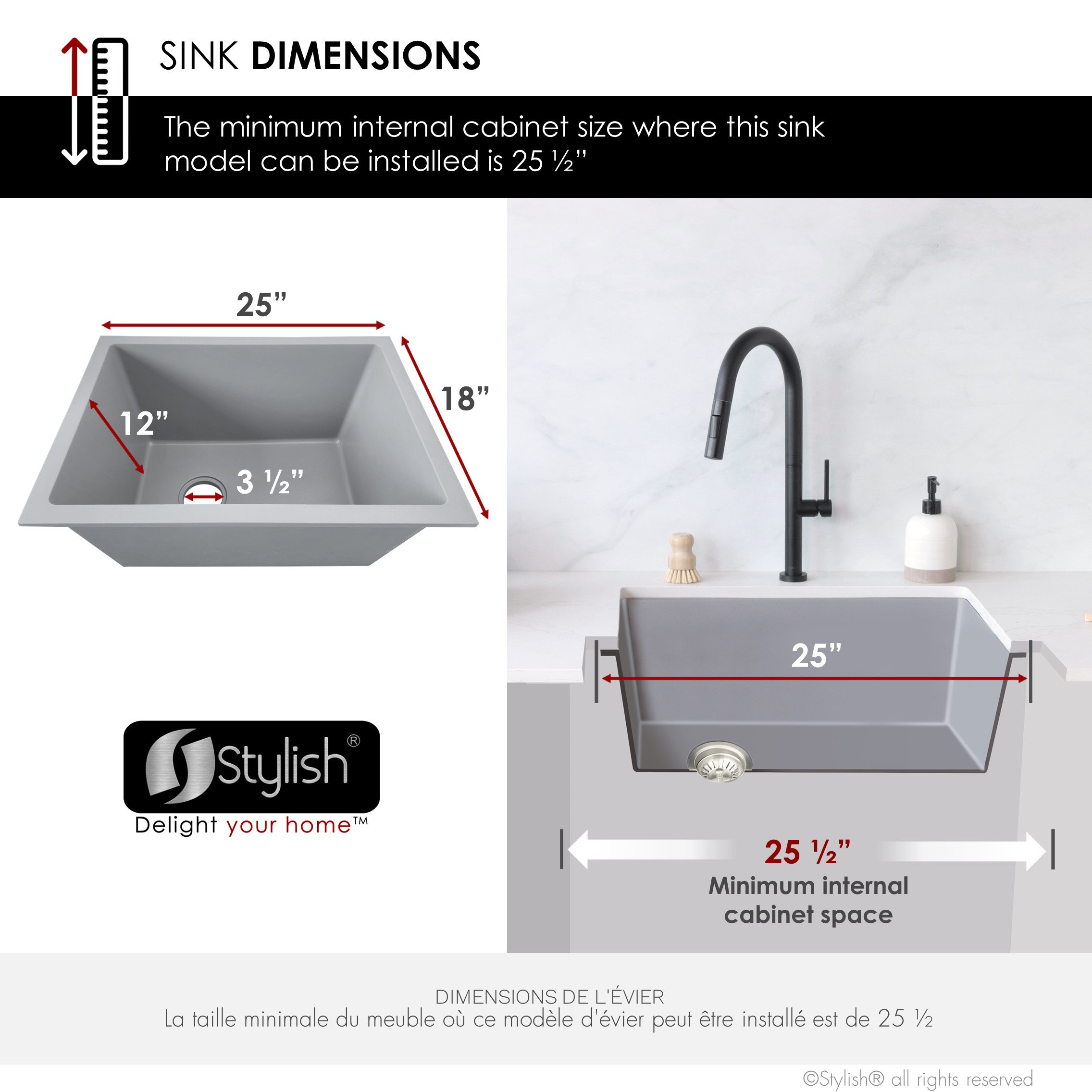 25 inch Dual Mount Single Bowl Gray Granite Laundry Sink S-825L
