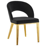 Meridian Furniture - Roberto Velvet Upholstered Dining Chair, Black, Gold - Seat dinner guests in elegant style with the Roberto black velvet dining chair from Meridian Furniture. This fabulous chair features a rounded back with strategically placed opening for visual beauty and to allow air flow while you dine. The rich black upholstery is chic and modern, and it has a soft feel against the skin. This chair rests on iron legs for superb support, and each leg is finished in gold for a modish slant that meshes well with your up-to-the-minute dining room decor.