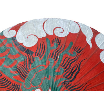 Handmade Large Round Green Dragon Theme Paper Umbrella Shade Hcs6974