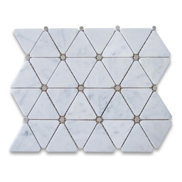 Triangle Mosaic Tile Carrara White Marble Gray Round Dots Polished, 1 sheet