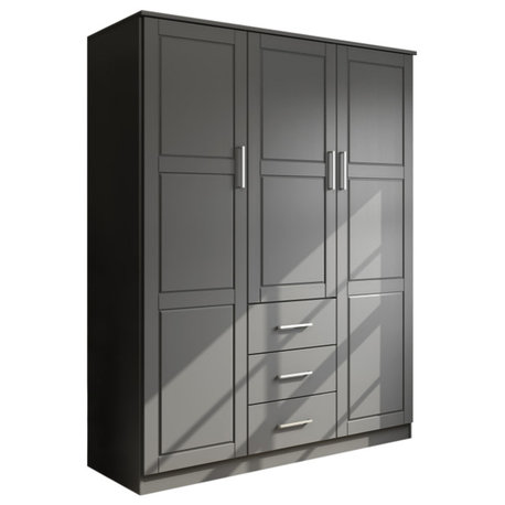100% Solid Wood Cosmo 3-Door Wardrobe/Armoire, 2 Shelves, Gray-Raised Panel