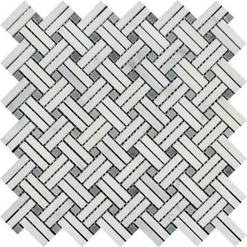 Oriental White / Asian Statuary Marble Polished Stanza Basketweave Mosaic Til...