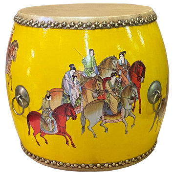 Handmade Small Round Low People Horses Graphic Drum Shape Table Hcs7415