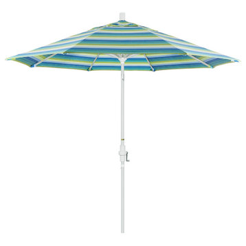 9' Matted White Collar Tilt Crank Lift Aluminum Umbrella, Sunbrella, Seville Sea