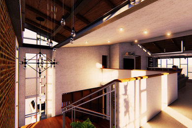 Large minimalist metal l-shaped mixed material railing and brick wall staircase photo in Other with wooden risers