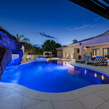 Contemporary Outdoor Escape in Scottsdale Spa, Outdoor Bar & Luxury Waterfall