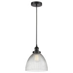 Innovations Lighting - Innovations 616-1PH-BK-G222 1-Light Mini Pendant, Matte Black - Innovations 616-1PH-BK-G222 1-Light Mini Pendant Matte Black. Collection: Edison. Style: Traditional, Industrial, Restoration-Vintage. Metal Finish: Matte Black. Metal Finish (Canopy/Backplate): Matte Black. Material: Steel, Cast Brass, Glass. Dimension(in): 12(H) x 9. 5(W) x 9. 5(Dia). Min/Max Height (Fixture Height with Cord or Included Stems and Canopy)(in): 15. 25/133. 25. Wire/Cord: 10 Feet Of Black Fabric Cord. Bulb: (1)60W Medium Base,Dimmable(Not Included). Maximum Wattage Per Socket: 100. Voltage: 120. Color Temperature (Kelvin): 2200. CRI: 99. 9. Lumens: 220. Glass Shade Description: Clear Halophane Seneca Falls. Glass or Metal Shade Color: Clear Halophane. Shade Material: Glass. Glass Type: Transparent; Ribbed. Shade Shape: Dome. Shade Dimension(in): 9. 5(W) x 8(H). Fitter Measurement (Glass Or Metal Shade Fitter Size): 3. 25 inch Fitter. Canopy Dimension(in): 4. 75(Dia) x 1(H). Sloped Ceiling Compatible: Yes. California Proposition 65 Warning Required: Yes. UL and ETL Certification: Damp Location.