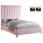 Meridian Furniture - Via Velvet Upholstered Bed, Pink, Queen - Take the look of your bedroom to new decorative heights with this ultra-modern Via upholstered queen bed. Rich pink velvet upholstery gives this bed a true upscale feel and epitomizes fine living while channel tufting along the headboard keeps the padded material inside plump and it also cradles your body while you sit up in bed to watch TV or read. Metal legs bring this platform bed up off the floor, allowing clearance below for cleaning and adding to its svelte contemporary profile.