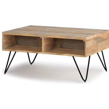 Industrial Coffee Table, Metal Legs With Split Lift Up Mango Wood Top, Natural