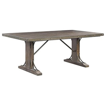 Farmhouse Dining Table, Double Pedestal Base With Metal Braces, Weathered Cherry