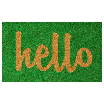 Hello Doormat Green/Natural Script, 24"x36"