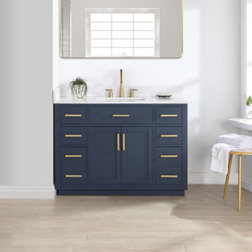 Gavino Vanity With Grain White Composite Stone Top, Royal Blue/Brushed Gold, 48", No Mirror