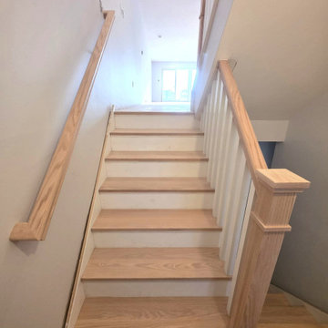 New Red Oak Stair Treads with White Risers and Custom All-Wood Railing