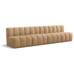 Meridian Furniture - Arc Velvet Upholstered 4-Pc. Modular Sofa, Camel - Give your living room or den the perfect blend of style and versatility with this Arc velvet fabric curved modula Sectionalr. Part of the Arc modular furniture collection, this chair comes upholstered in rich camel velvet fabric and features deep channel tufting that adds a touch of luxury while enhancing comfort and support. A seamless combination of form and function, this chair can be used with other Arc pieces to create a myriad of configurations in your well-curated room.