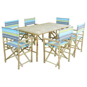 Set of Bamboo Rectangular Table, 6 Director Chair, Green Stripes