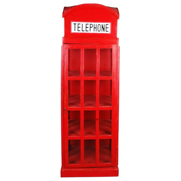 English Phone Booth Cabinet Distressed Red Solid Wood Glass Display Shelf Case