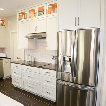 Transitional White Kitchen with Espresso Island