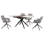 Armen Living - Alora Penny 5 Piece Extendable Dining Set With Gray Fabric Chairs - The impressive Alora Penny 5 Piece Extendable Dining Set with Gray Fabric Chairs features 1 Alora extendable dining table and 4 Penny swivel dining chairs. Featuring a sleek and modern silhouette, this kitchen chair attains a chic and stylish presence in any room. The streamlined back elegantly flows into the sloping arms to offer a dose of comfort and style. A stylish cut-out in the back lightens the sculptural appeal of our dining room chair. Finished off with pyramid-shaped black metallic legs, the chair serves as a striking and sturdy accent for any corner. The dining table chair includes a tall back, padded arms, and a cushioned seat to deliver a cozy and comfortable stay. From offering a comfy seat in your kitchen to serving as a stylish and comfortable accent chair for your workspace, the Penny brings comfort and convenience to any room. It includes a 180-degree swivel function allowing you to follow conversations with ultimate ease. The tabletop features a harmonious combination of light gray ceramic with a walnut finished wood accent in its center. Rounded edges attain a soft silhouette, and the metal cross leg base brings a cool touch with the copper caps. This table can easily extend from 51" to 67" to comfortably seat up to six of your closest friends or family members. From a perfect spot to enjoy your casual meals to a luxe place to host your formal dinners, our dining table remains a versatile and stylish addition to your home. The table is expertly crafted to offer durability and easy maintenance. The Alora Penny dining set is available in 5 and 7 piece set configurations and features a light gray ceramic and walnut wood table top with black metal legs and gray fabric swivel dining chairs.