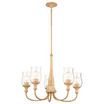 Melis 26.5" 5 Light Chandelier With Clear Glass, Warm Maple