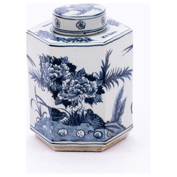 Tea Jar Service Items Vase Flower Bird Hexagonal White Blue Colors