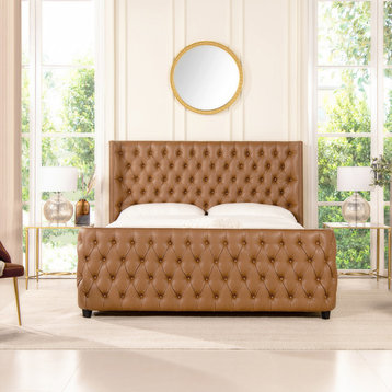 Brooklyn Tufted Wingback Shelter Headboard and Footboard Panel Bed, Caramel Tan Brown Faux Leather, King