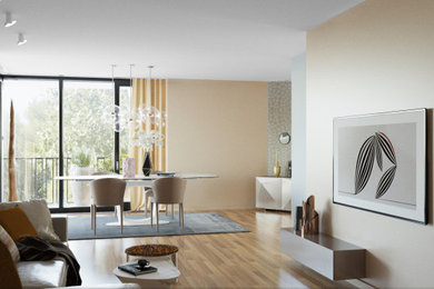 Источник вдохновения для домашнего уюта: открытая гостиная комната среднего размера в современном стиле с разноцветными стенами, паркетным полом среднего тона, горизонтальным камином, фасадом камина из камня и телевизором на стене