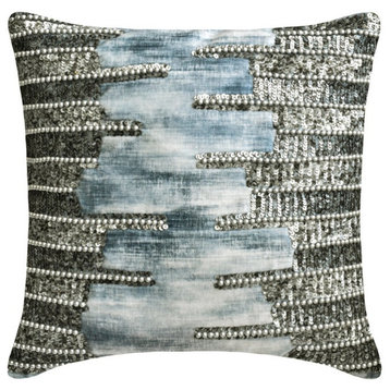 Blue Silver Suede Tie Dye, Beaded 16"x16" Throw Pillow Cover Oxidation Silver