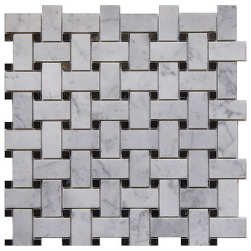 12"x12"Carrara White Basketweave With Black Dot, Polished, Set of 5