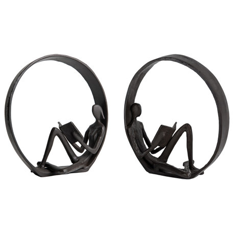 Danya B. Contemporary Encircled Reader Cast Iron Sculpture Statue, 2-Piece Set