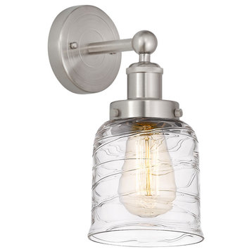 Edison Small Bell 7" Sconce, Brushed Satin Nickel, Deco Swirl Shade