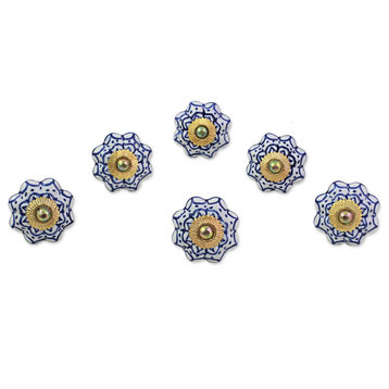 Radiant Blue Flowers Ceramic Cabinet Knobs, Set of 6