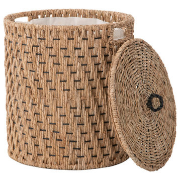 Round Lidded Vertical Weave Seagrass Laundry and Storage Basket With Liner