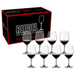 Riedel - Riedel Vinum Cabernet Sauvignon/Merlot/Bordeaux Glass - Buy 6 Get 8 - Set of 8 - This Riedel Vinum Bordeaux stemware set is an amazing value at 8 glasses for the price of 6. The glasses in this set of eight were specifically shaped to highlight the fruit in full-bodied red wines with high levels of tannin, such as Bordeaux, Cabernet Franc, Cabernet Sauvignon, Merlot, Rioja, and Tempranillo. The design of the Bordeaux bowl directs the wine to the area of the palate that perceives sweetness, emphasizing the fruit and mellowing the acidity or any rough edges, while the large bowls provide room for the wine's rich bouquet to unfold.