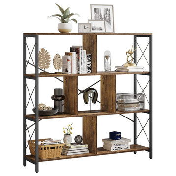Multifunctional Bookcase, Crossed Metal Side & 7 Open Compartments, Rustic Brown
