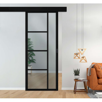 Industrial Loft Style Sliding Barn Door With Glass & Panels , 24"x81", Clear, Black Painted (Finish)