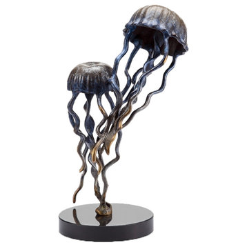 Jellyfish Pair Brass Statue on Marble Base
