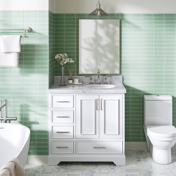 Ariel Stafford 37" Single Right Offset Oval Sink Bathroom Vanity, White, 1.5 Carrara Marble
