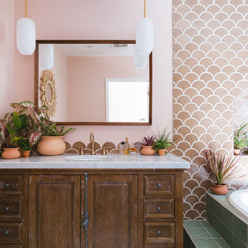 A Jungalow Family Affair: Fish Scale Tile Backsplash and Hand Painted Tile Floor