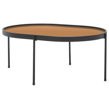 Contemporary Coffee Table, Matte Black Metal Frame With Rose Gold Tray-Like Top