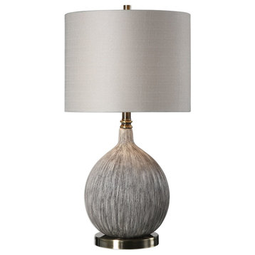 Textured Brushed Gray Taupe Ceramic Gourd Lamp, Ivory Round Brass