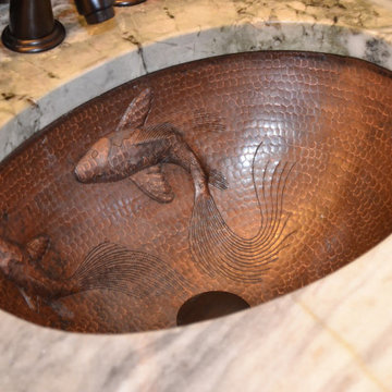19" Oval Under Counter Hammered Copper Bathroom Sink with Koi Fish Design (LO19F