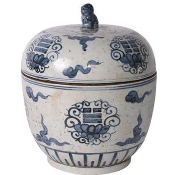 Jar Vase Tai Chi Lidded Blue White Ceramic Handmade Hand