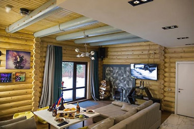 Идея дизайна: гостиная комната среднего размера в современном стиле с бежевыми стенами и разноцветным полом
