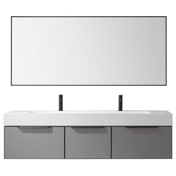 Vegadeo Bath Vanity with Stone Sink Top, Elegant Grey, 72", With Mirror