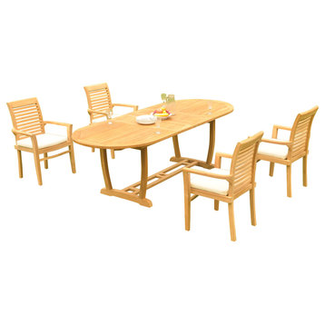 5-Piece Outdoor Teak Dining Set: 94" Masc Oval Table, 4 Mas Stacking Arm Chairs