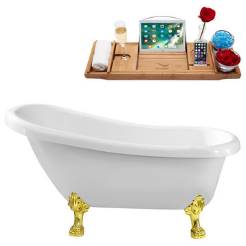 61" Soaking Clawfoot Tub With Internal Drain, White/Gold
