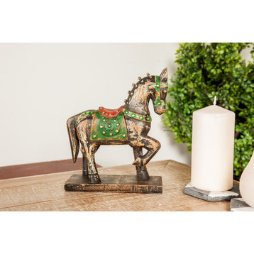 Traditional 9"x7" Wood and Brass Horse Sculpture With Base